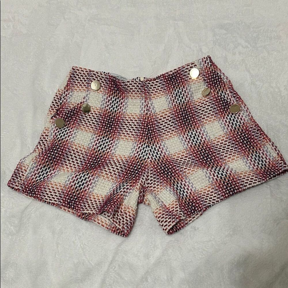 Georgia Giannini Tweed Cotton Blend Shorts Medium Plaid Pink Purple Gold Buttons